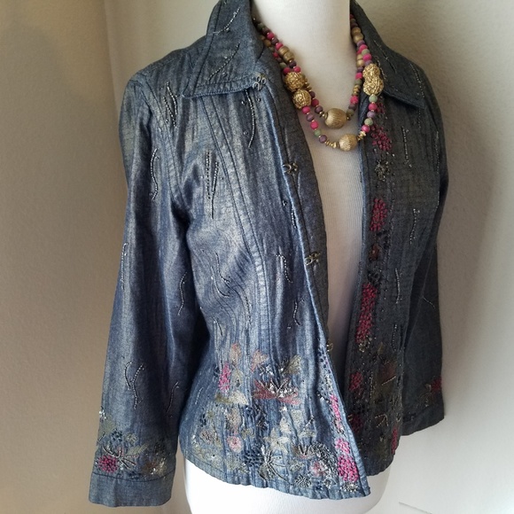 Chico's Metallic Denim Beaded Jacket & Necklace - Picture 4 of 8